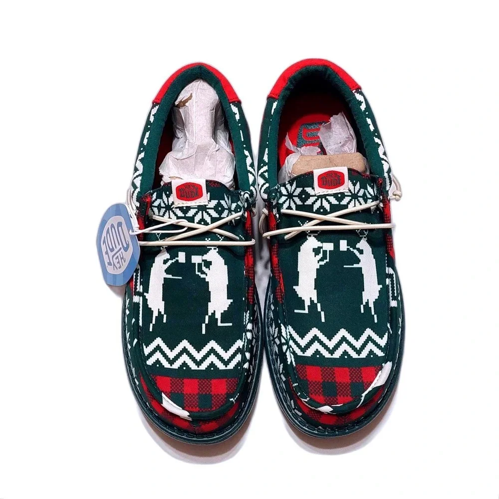 NEW Hey Dude Wally Holiday‎ Cheers Moccasin Shoes Men US 8 Green Plaid Reindeer